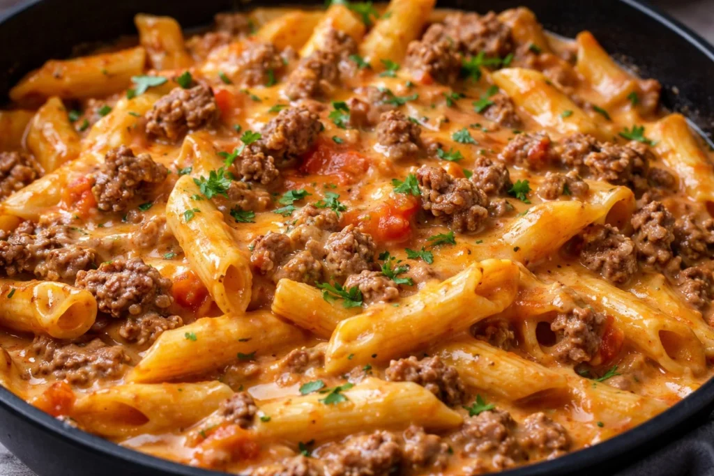 Delicious plate of pasta with ground beef in a savory sauce