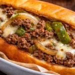 Authentic Philadelphia cheese steak sandwich with grilled meat and toppings.