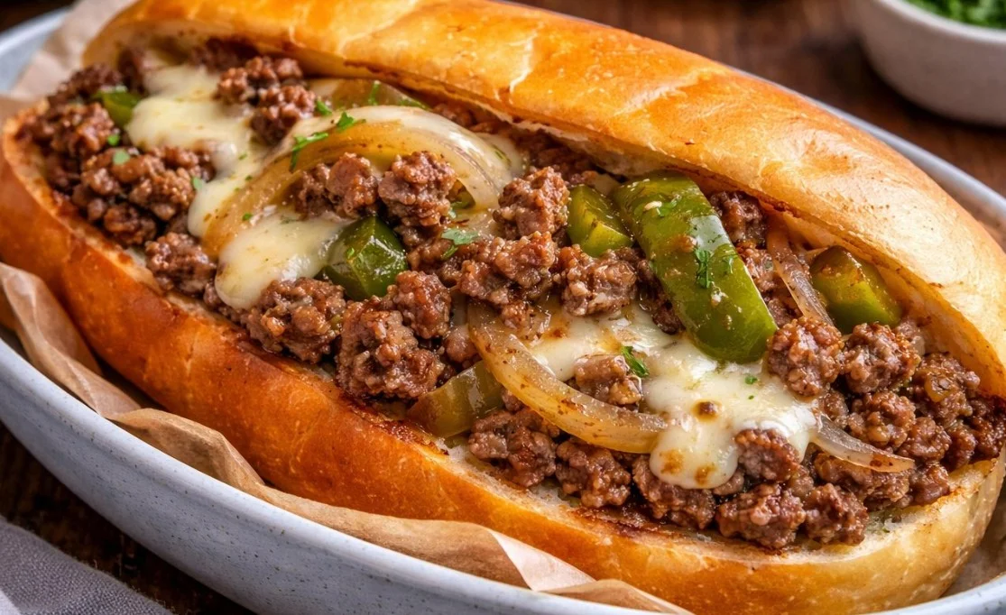 Authentic Philadelphia cheese steak sandwich with grilled meat and toppings.