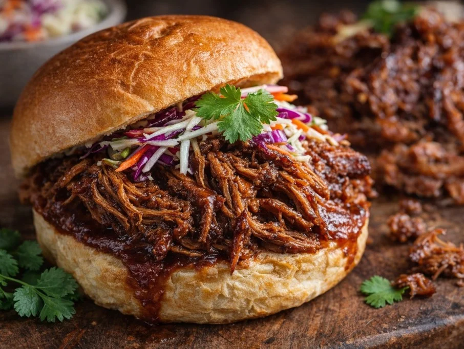 Delicious pulled beef served with fresh toppings and sides