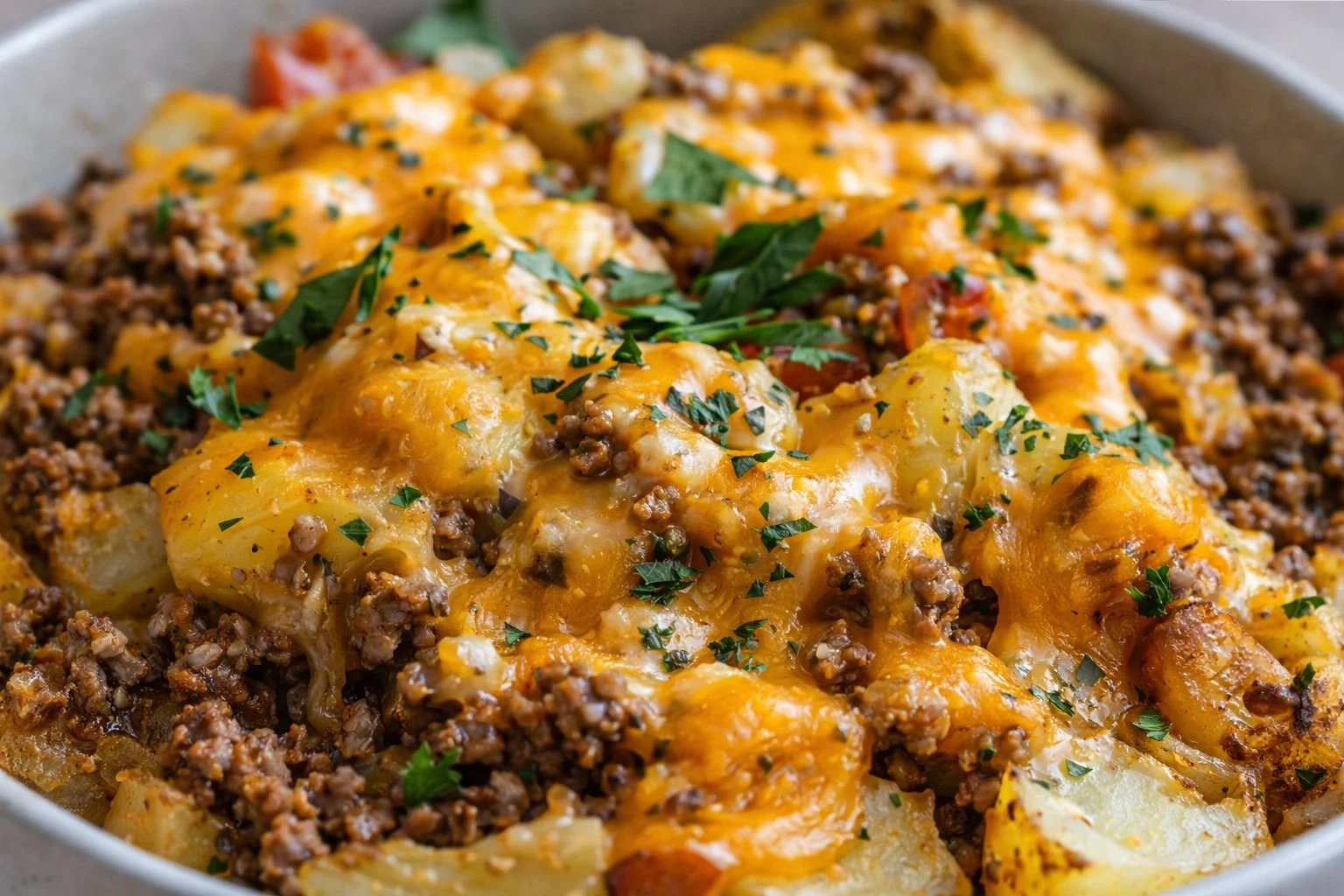 Delicious quick ground beef dinner served with vegetables and pasta.