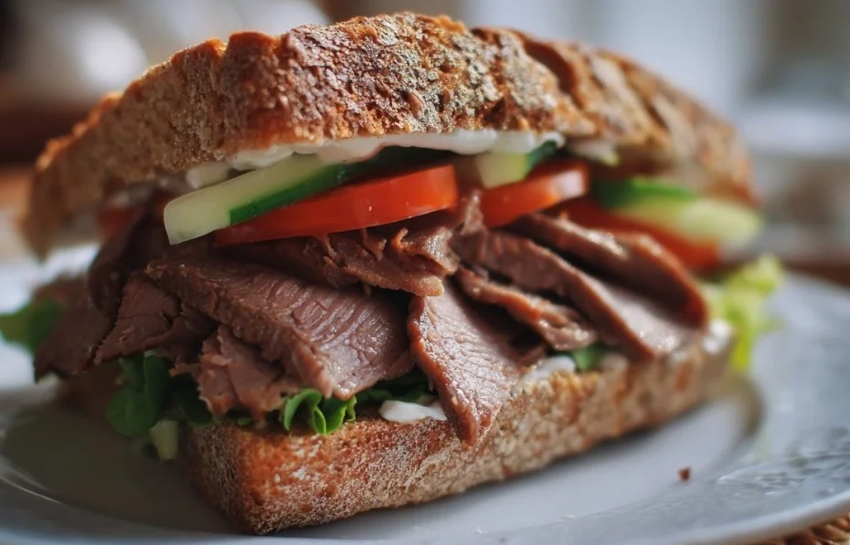 Mouthwatering roast beef sandwich on a toasted bun with fresh vegetables