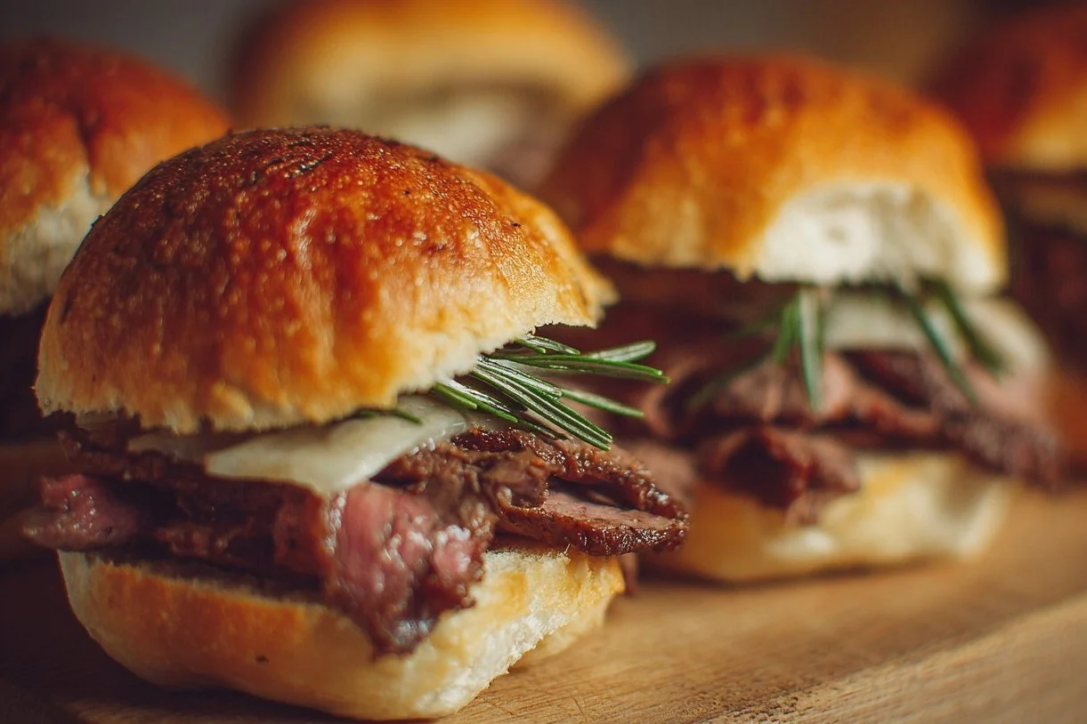 Delicious roast beef sliders served on a platter with garnishes.