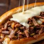 Delicious shaved beef steak sandwich with fresh toppings and a crusty roll