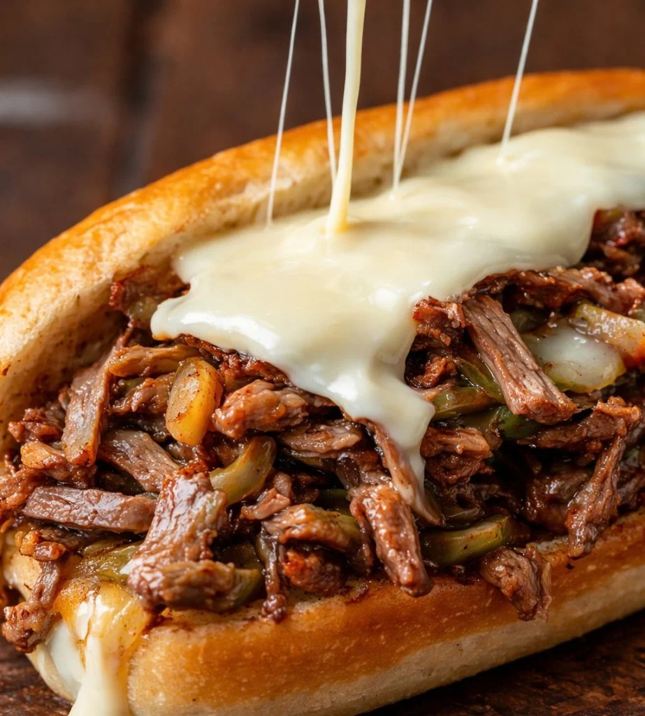 Delicious shaved beef steak sandwich with fresh toppings and a crusty roll
