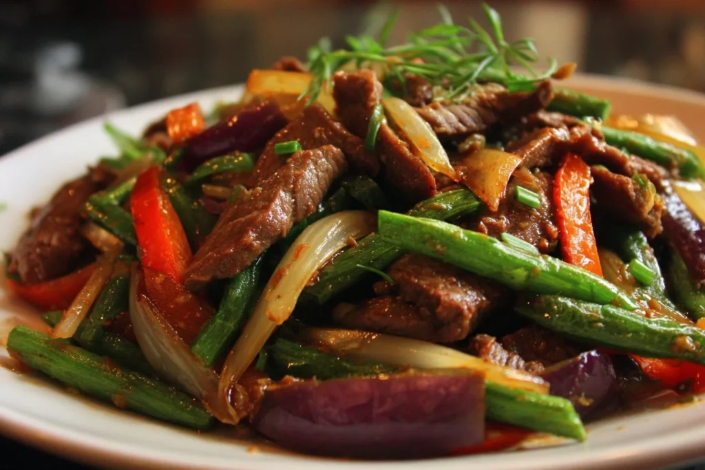 Delicious shaved beef stir-fry in a colorful vegetable mix
