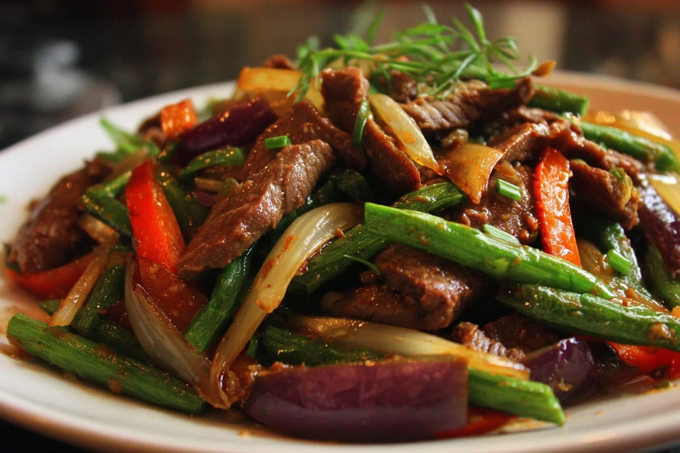 Delicious shaved beef stir-fry in a colorful vegetable mix