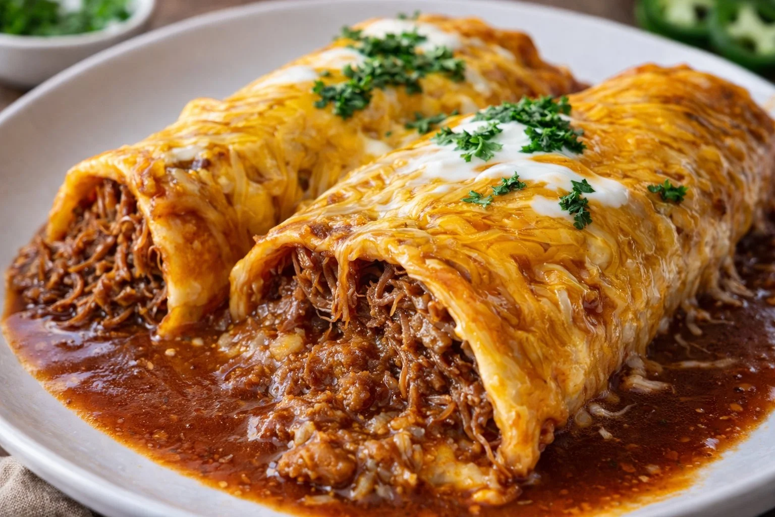 Plate of delicious shredded beef enchiladas topped with cheese and salsa