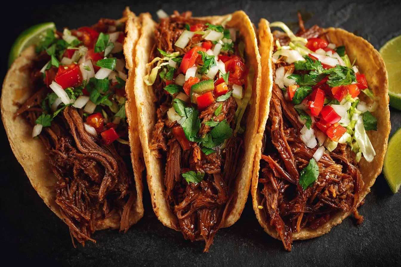 Delicious shredded beef tacos topped with fresh ingredients and served with lime wedges