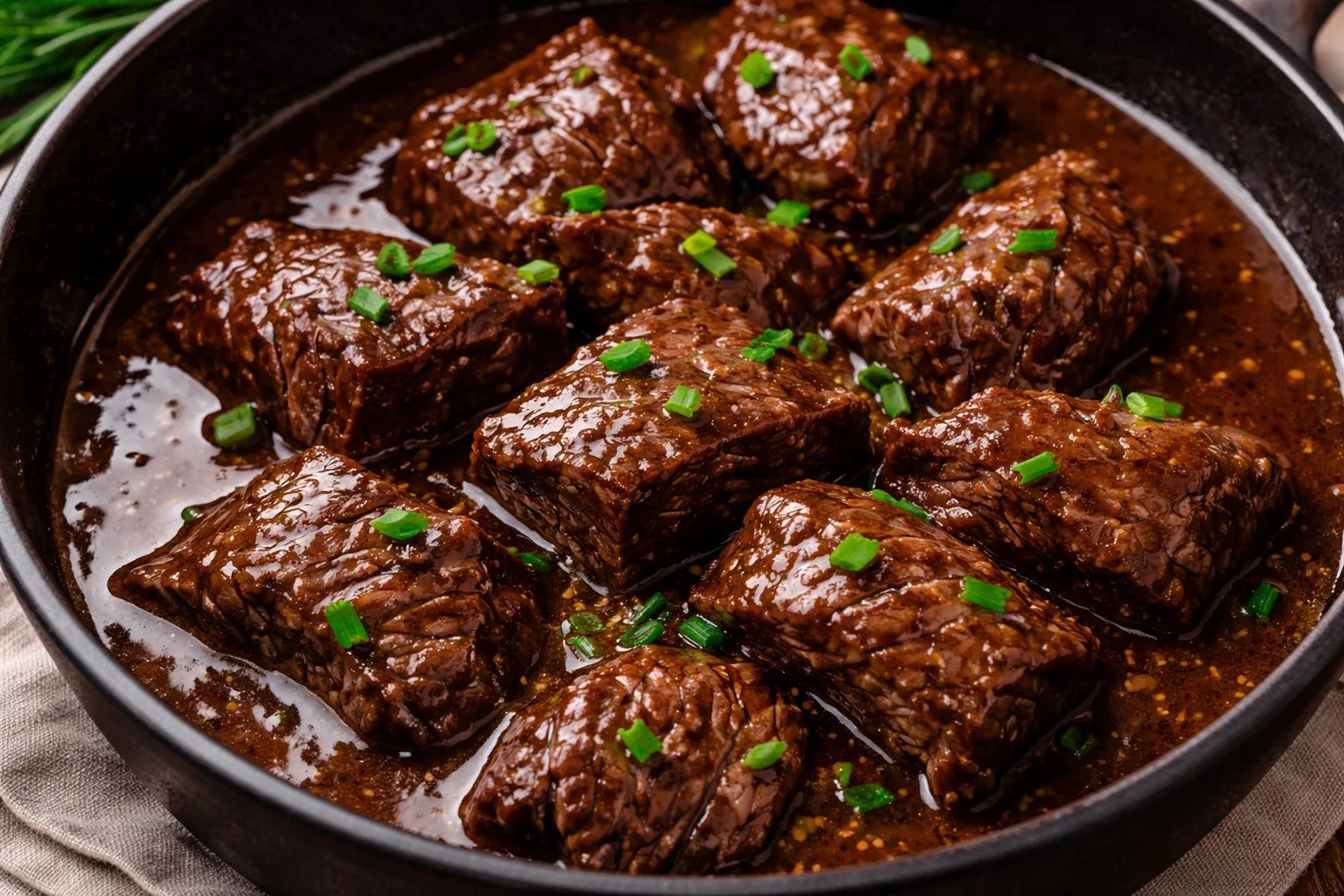 Slow-cooked beef dish served in a bowl with vegetables