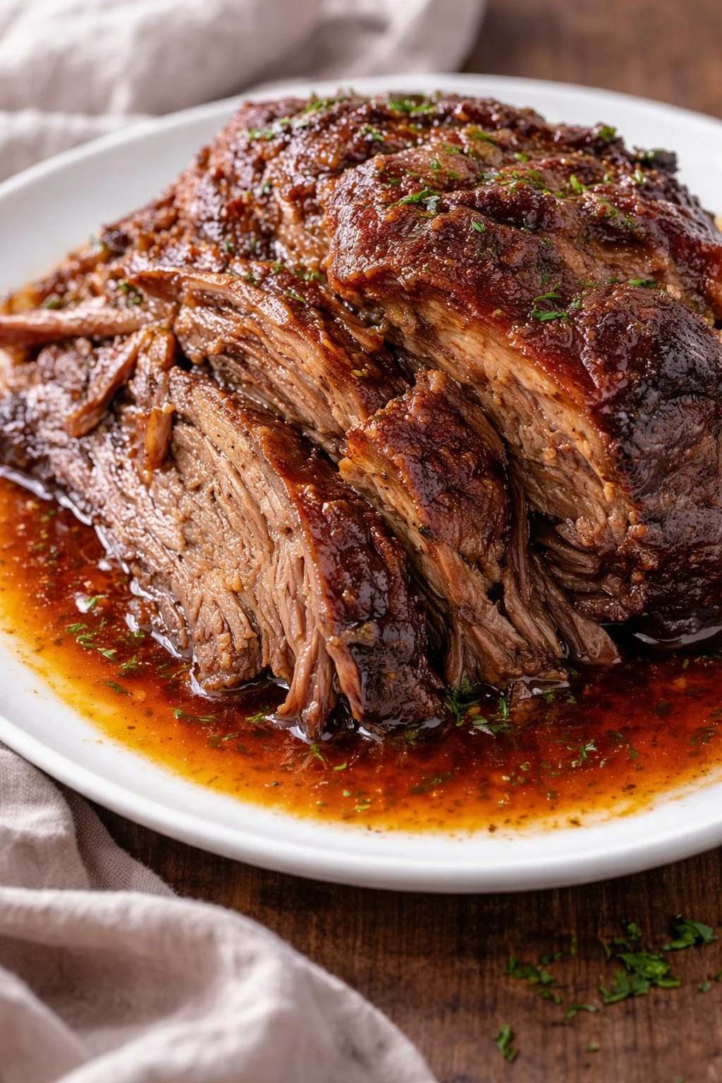 Delicious slow-cooked beef brisket served on a plate with sides.