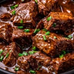 Delicious slow cooker beef recipe served with vegetables and herbs