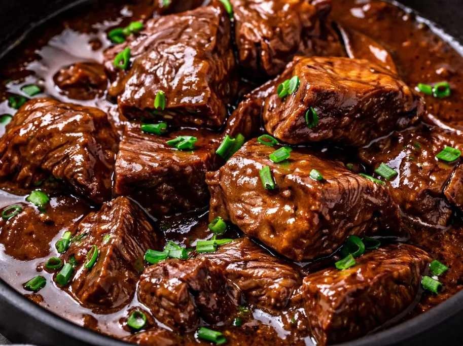 Delicious slow cooker beef recipe served with vegetables and herbs