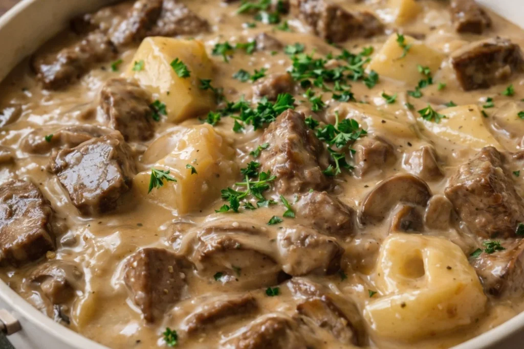 Delicious slow cooker beef stroganoff served with egg noodles and garnished with parsley.