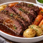 Delicious slow cooker corned beef with vegetables ready to serve.