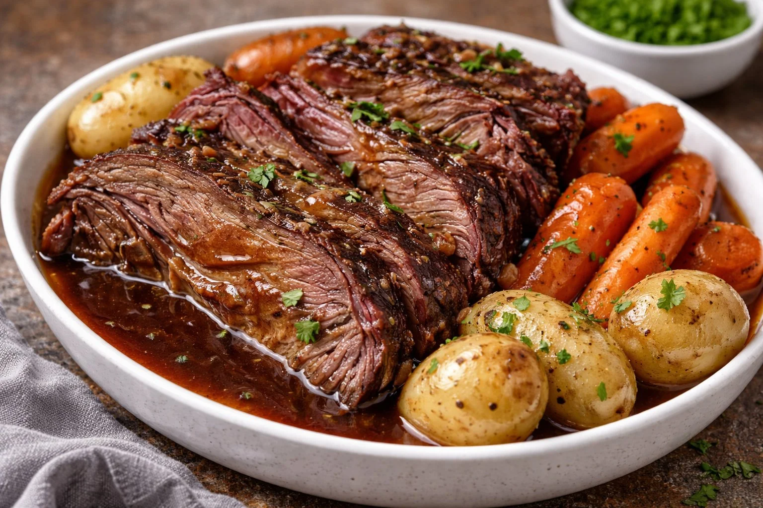 Delicious slow cooker corned beef with vegetables ready to serve.