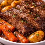Delicious slow cooker roast beef served with vegetables and gravy