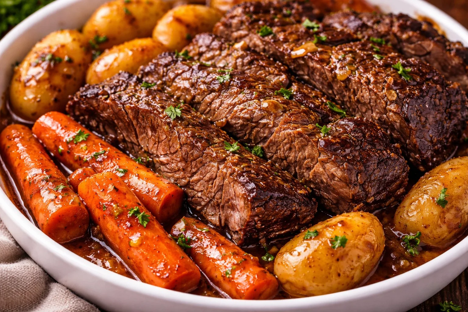 Delicious slow cooker roast beef served with vegetables and gravy