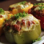 Colorful stuffed bell peppers filled with rice, meat, and vegetables