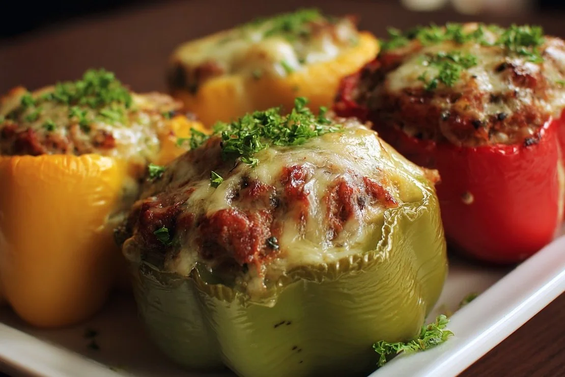 Colorful stuffed bell peppers filled with rice, meat, and vegetables