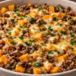 Delicious Sweet Potato and Ground Beef Casserole topped with crispy edges