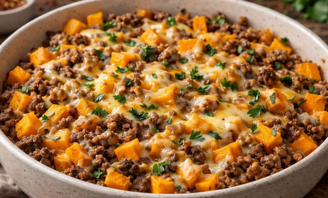Delicious Sweet Potato and Ground Beef Casserole topped with crispy edges