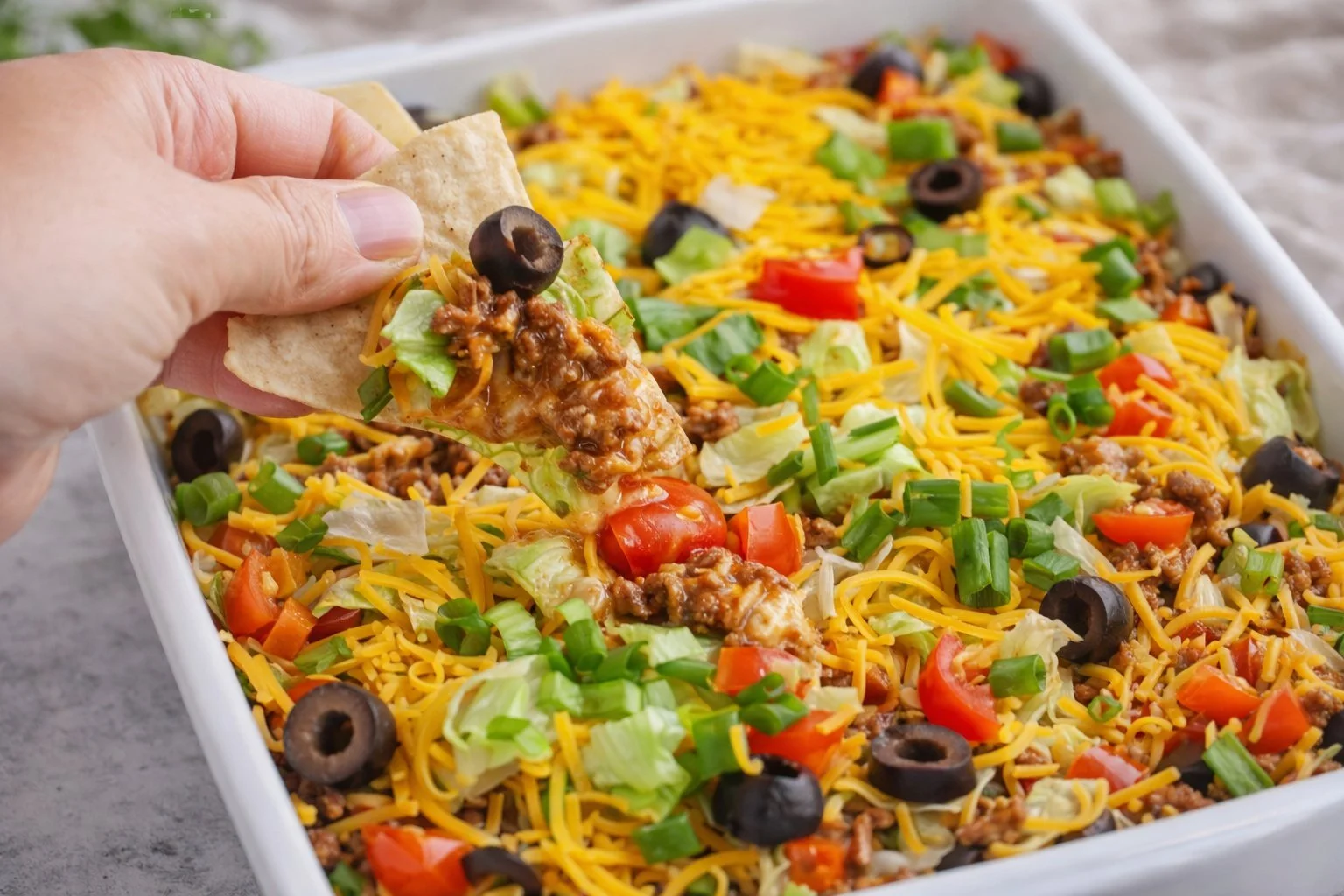 Delicious taco dip with ground beef served in a bowl
