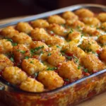 Baked Tater Tot Casserole topped with melted cheese and crispy tater tots.