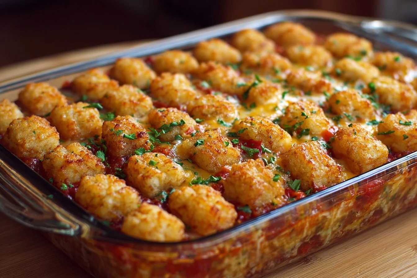 Baked Tater Tot Casserole topped with melted cheese and crispy tater tots.
