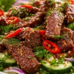 Delicious Thai Beef Salad with fresh vegetables and grilled beef slices.