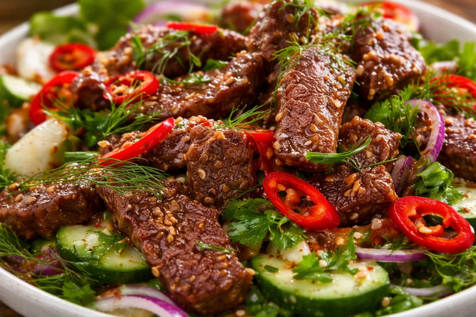 Delicious Thai Beef Salad with fresh vegetables and grilled beef slices.