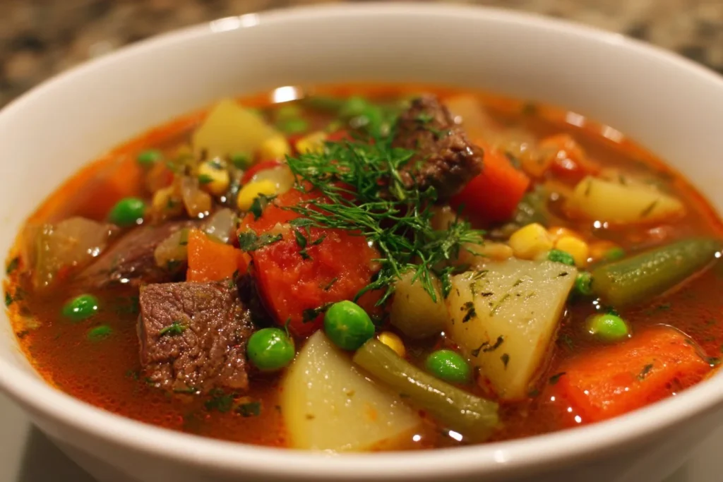 A bowl of hearty vegetable beef soup with fresh vegetables and tender beef pieces.