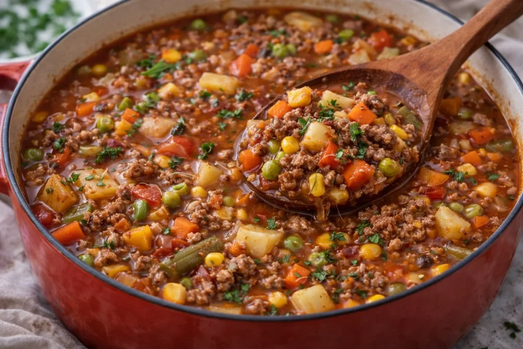 Bowl of vegetable soup with ground beef and fresh vegetables