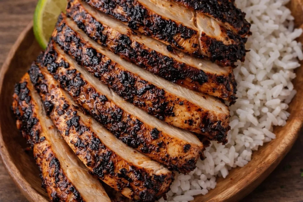 Juicy air fryer chicken breast served on a plate with herbs and spices