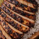 Juicy air fryer chicken breast served on a plate with herbs and spices