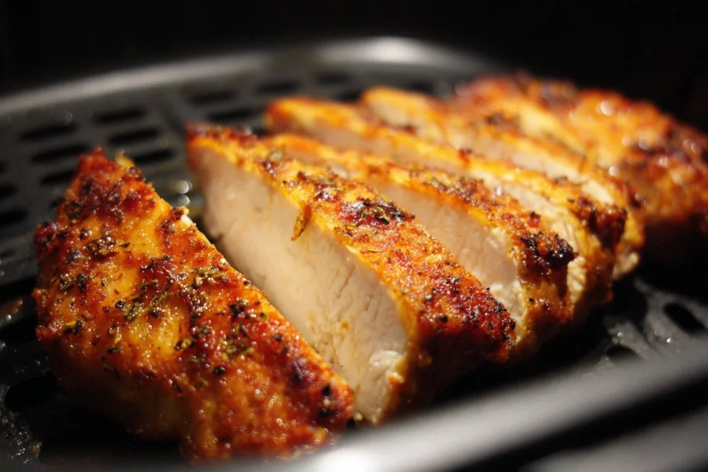 Juicy air fryer chicken breast served with fresh herbs and vegetables.