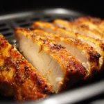 Juicy air fryer chicken breast served with fresh herbs and vegetables.