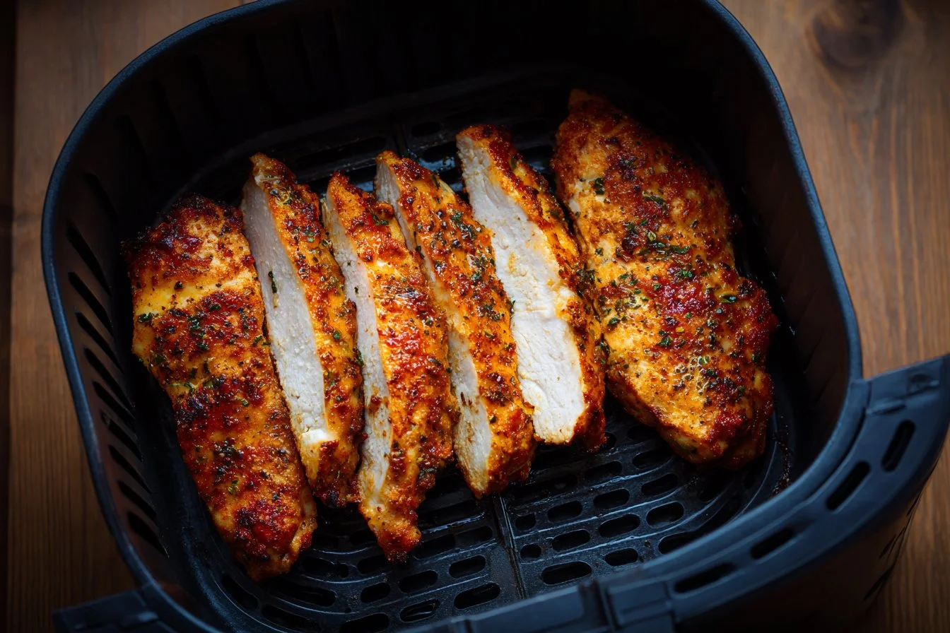 Air fryer chicken breast cooked to perfection with seasoning