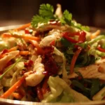 Bowl of Asian Chicken Salad with fresh vegetables and sesame dressing