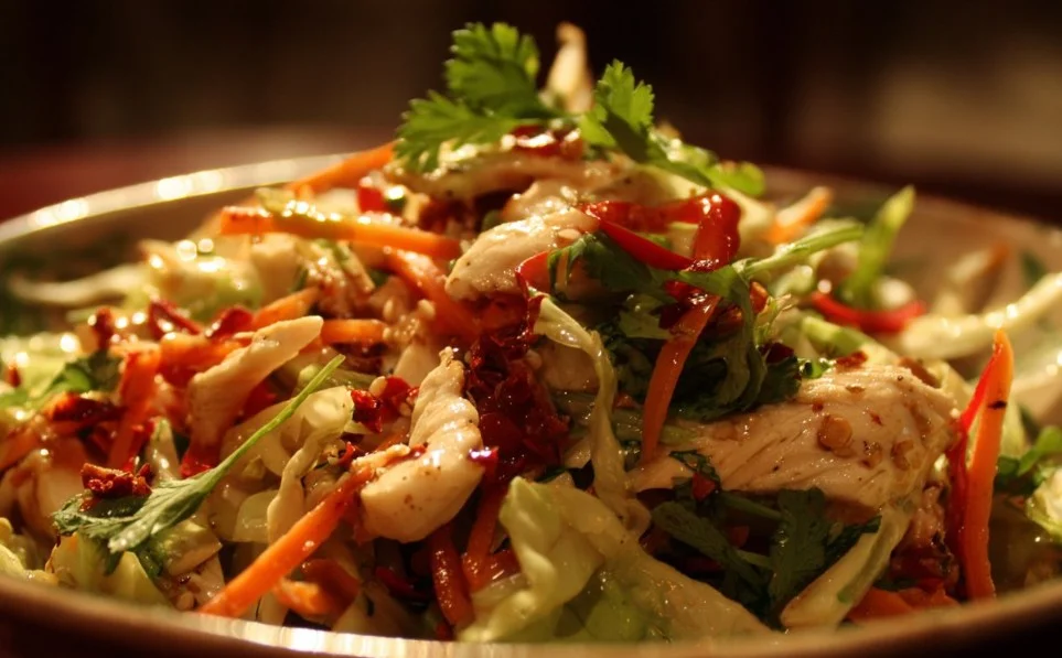 Bowl of Asian Chicken Salad with fresh vegetables and sesame dressing