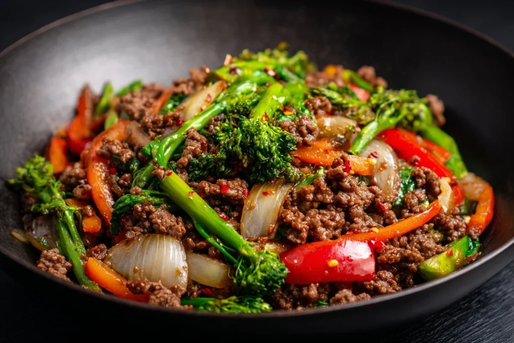 Asian Ground Beef Stir-Fry with colorful vegetables in a skillet