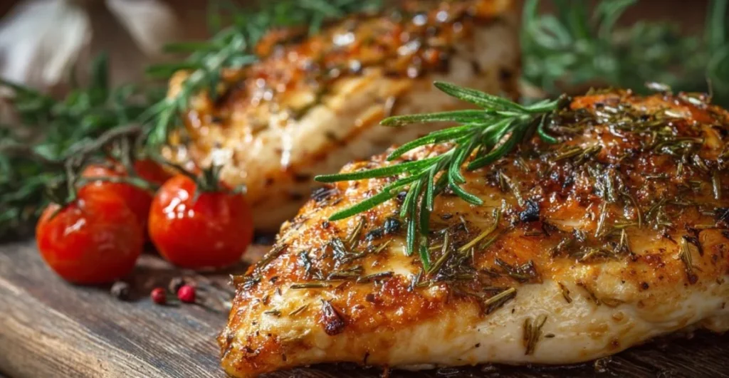 Juicy baked chicken breast with herbs and spices on a white plate