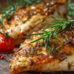 Juicy baked chicken breast with herbs and spices on a white plate