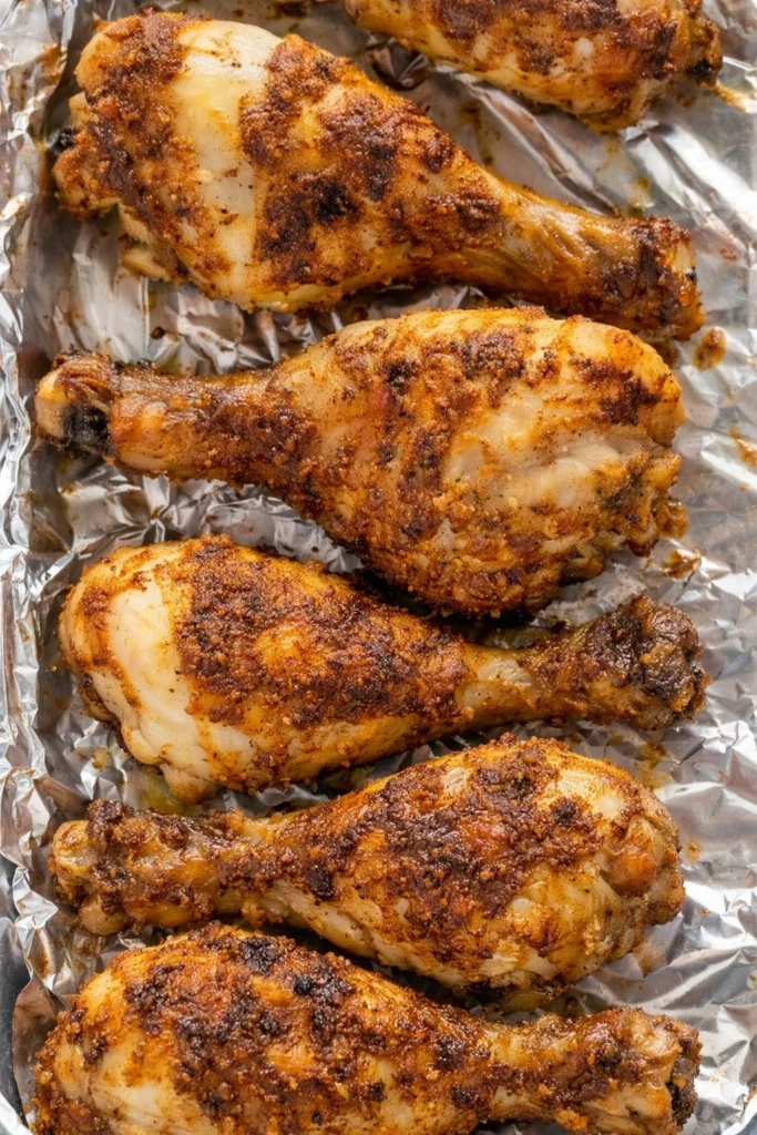 Baked chicken legs seasoned and cooked to perfection on a serving plate.