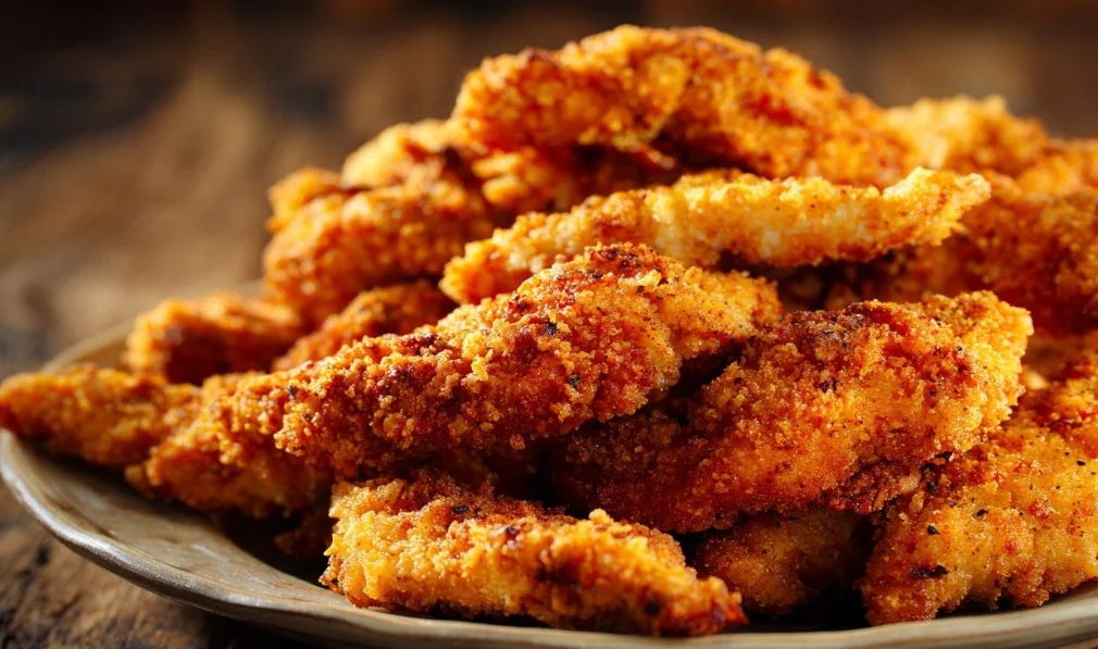 Crispy Baked Chicken Tenders served with dipping sauce on a plate