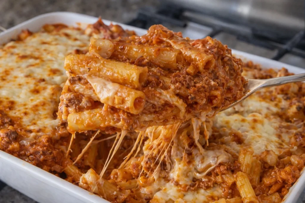 Baked Ziti with Ground Beef and Ricotta served in a baking dish