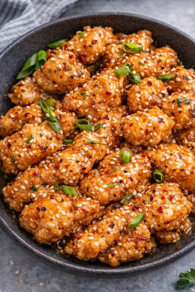 Delicious Bang Bang Chicken Bowl served with fresh vegetables and spicy sauce