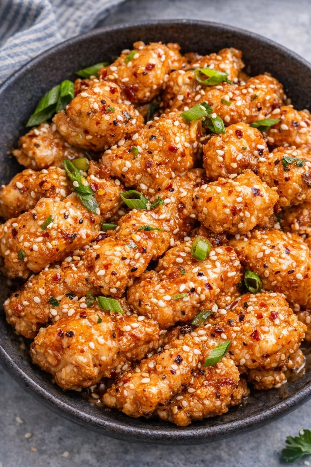 Delicious Bang Bang Chicken Bowl served with fresh vegetables and spicy sauce