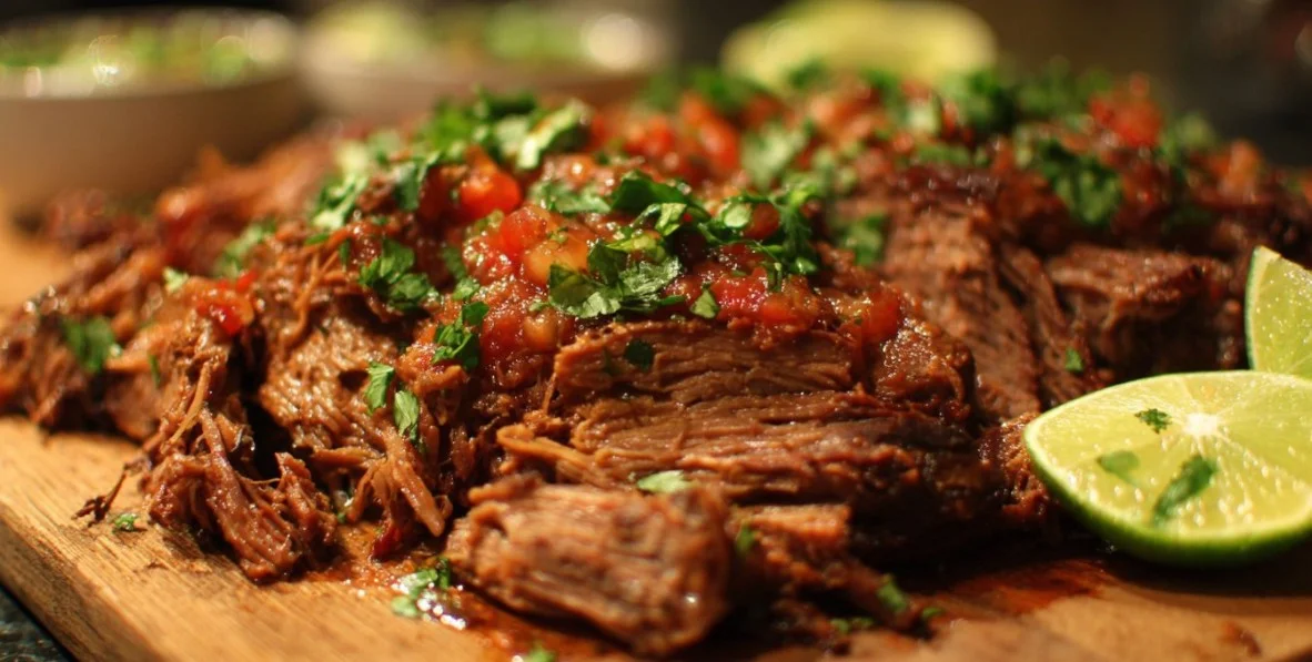 Deliciously grilled barbecue beef served on a platter with fresh sides.