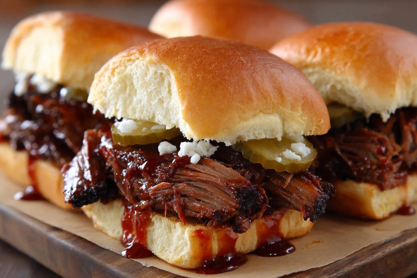Delicious BBQ beef sandwiches served on a rustic plate with toppings.
